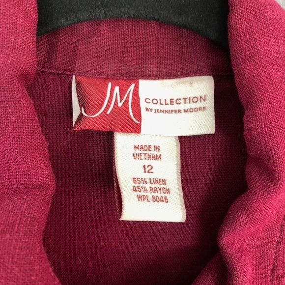 JM Jennifer Moore Linen Blend Shirt Womens 12 Top Wine Red Pockets Button Down - Picture 7 of 8